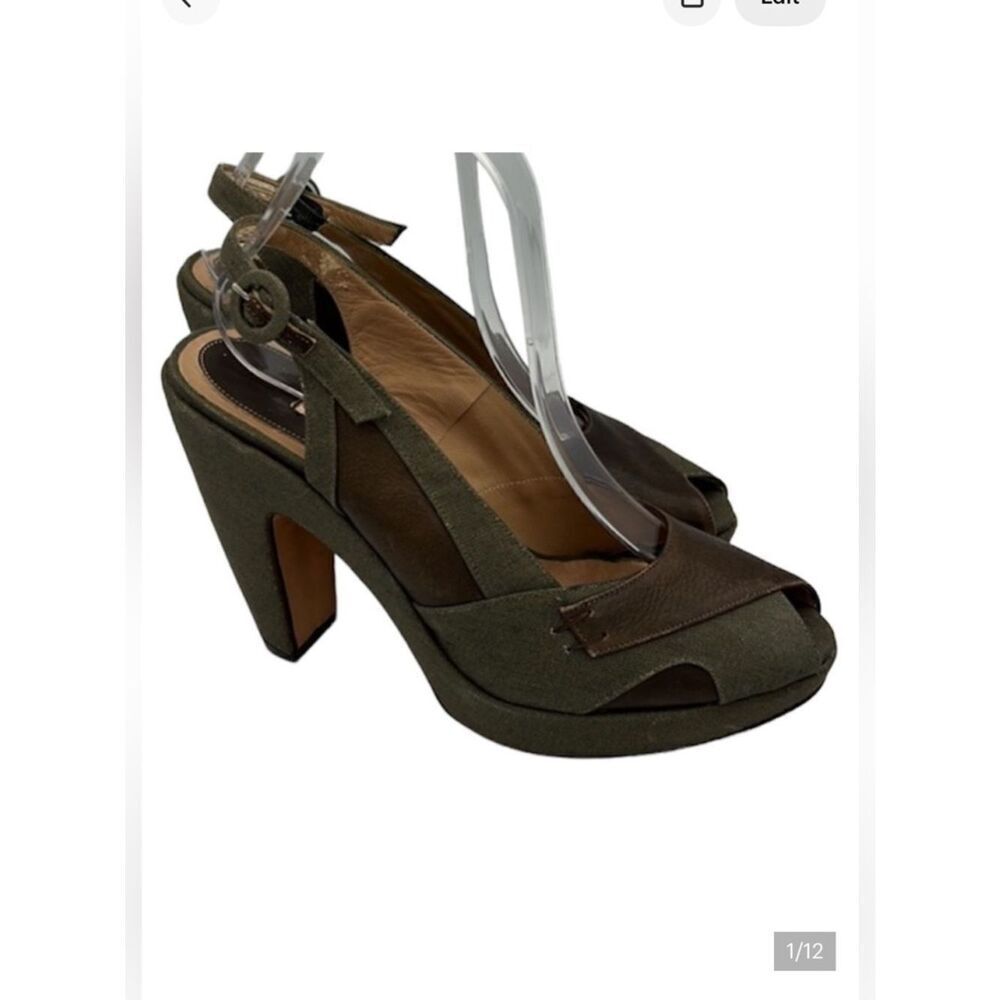 Marni Green Canvas & Brown Leather Peep Toe Slingback Platform Heels EU 40 US 10